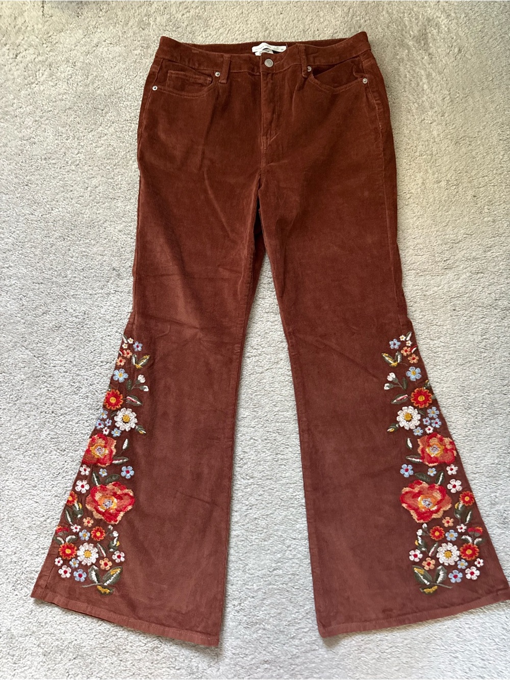 Altar'd State Brown Corduroy Flare Pants with Floral Embroidered Legs